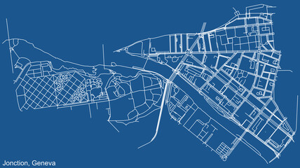 Detailed technical drawing navigation urban street roads map on blue background of the quarter Jonction District of the Swiss regional capital city of Geneva, Switzerland