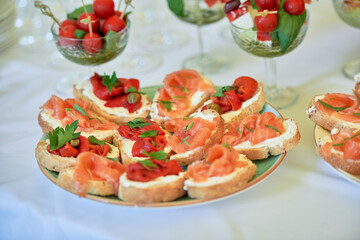 Buffet table with snacks, canape, sandwiches and appetizers at luxury wedding reception outdoors, copy space. Serving food. Catering banquet table