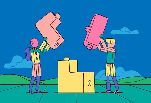 Coppia di personaggi composti da varie elementi lavorano in squadra usando blocchi colorati