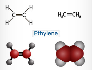 Ethylene, ethane, C2H4 molecule. It is organic compound, hydrocarbon, alkene. Structural chemical formula and molecule model. Vector illustration