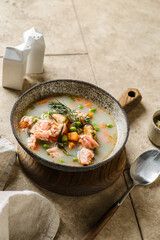 salmon fish soup with mussels and cream