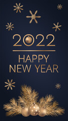 Vector greeting card banner illustration on blue background. Happy new year 2022 gold and black colors place for text. With metal snowflakes. For mobile device smartphone.