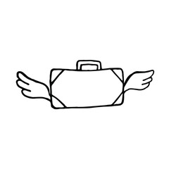 Hand drawn suitcase with wings, single element isolated on white background