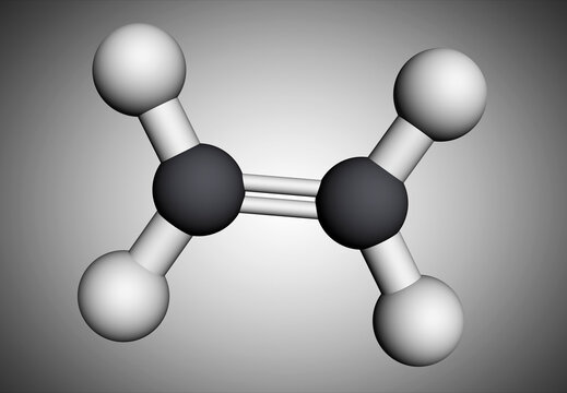 Ethylene, ethane, C2H4 molecule. It is organic compound, hydrocarbon, alkene. Molecular model. 3D rendering