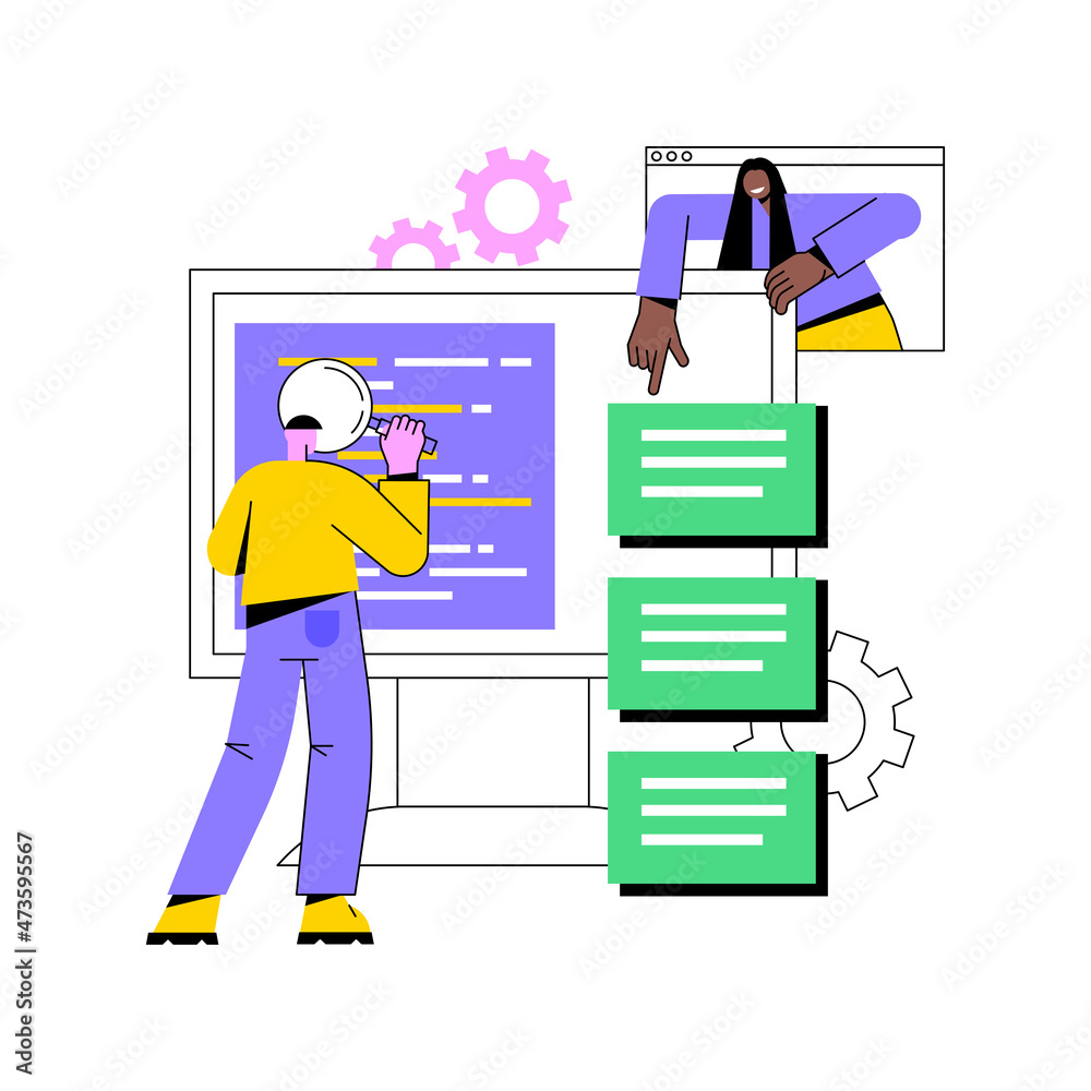 Poster software requirement description abstract concept vector illustration. software system description, 