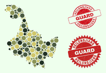 Vector spheric parts collage Heilongjiang Province map in khaki hues, and unclean stamp prints for guard and military services. Round red stamp seals contain word GUARD inside.