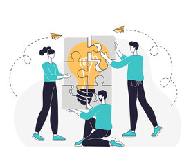 Team brainstorming, idea management, project management, new idea generation, startup collaboration, find solution, product development. Creative thinking abstract concept flat line illustration