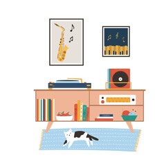 Hand drawn room in a modern flat style - small cabinet, posters, vinyl player, carpet and cat on it