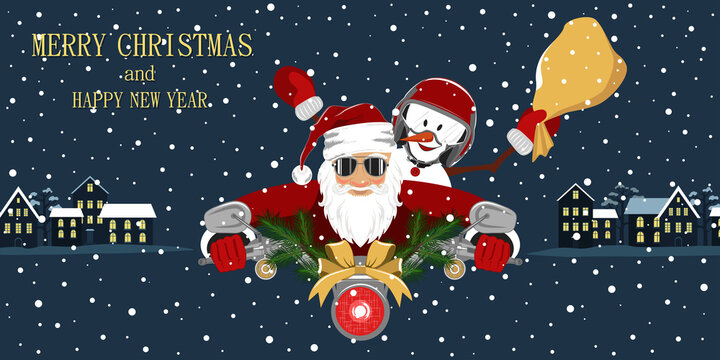 Christmas banner with santa claus and snowman image. Merry christmas and new year. Design elements for banner, flyer, poster, postcard.