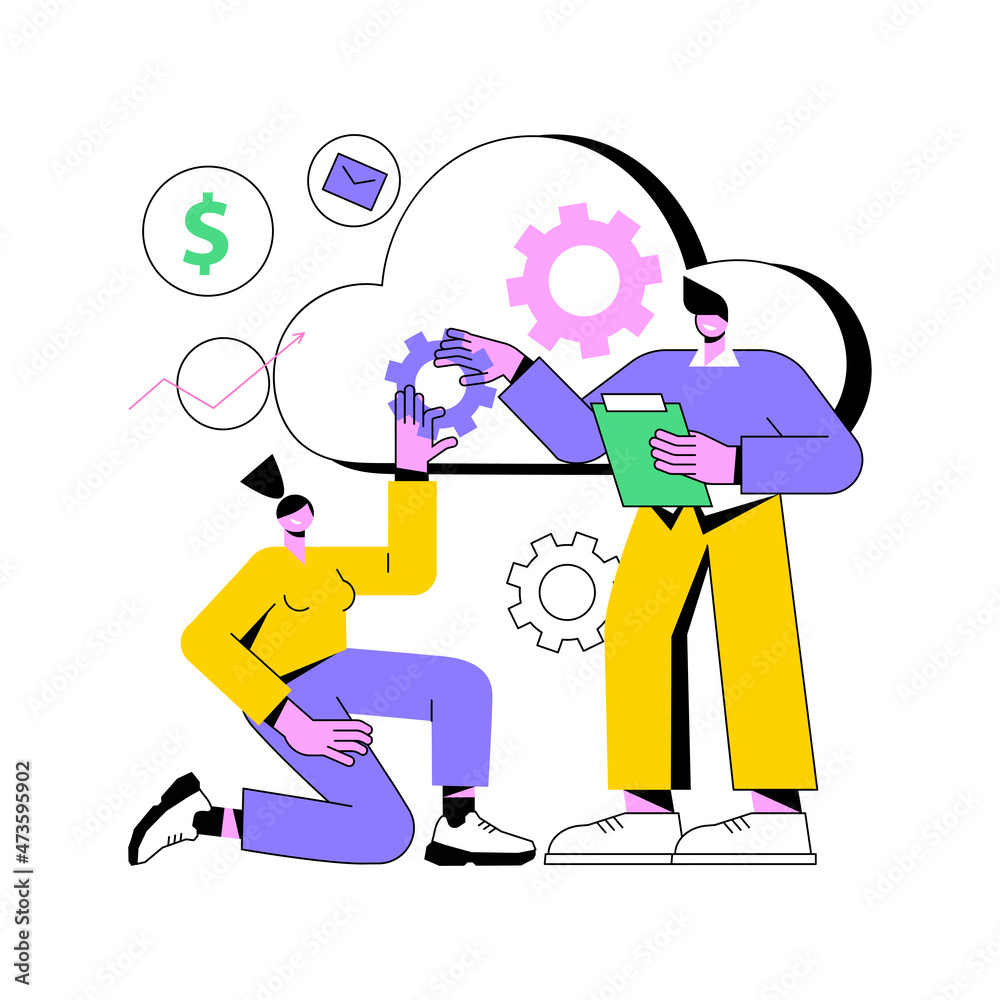 Poster cloud management abstract concept vector illustration. cloud computing strategy, distributed system 