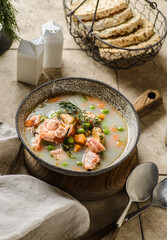 salmon fish soup with mussels and cream