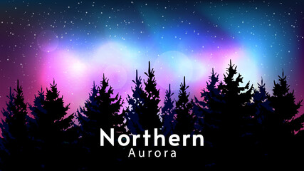 Naklejka premium Vector illustration. Bright night. Northern aurora landscape. Design for wallpaper, poster, banner. Forest on foreground and beautiful starry sky on background.