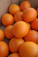fresh oranges on the market. juicy vitamin fruits in a cardboard box