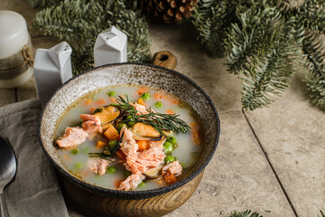 salmon fish soup with mussels and cream