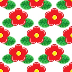 Red flower and green leaves, seamless pattern on the white background. Vector illustration. Wrapping paper.	