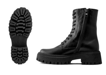 Black leather female boots isolated on white background, copy space