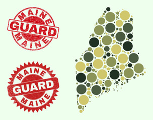 Vector round parts mosaic Maine State map in camo colors, and rubber stamp imitations for guard and military services. Round red stamp seals contain phrase GUARD inside.