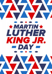 Martin Luther King, Jr. Day. Celebrated annual in United States in January, federal holiday. African American Rights Fighter. Patriotic american elements. Poster, card, banner, background. Vector