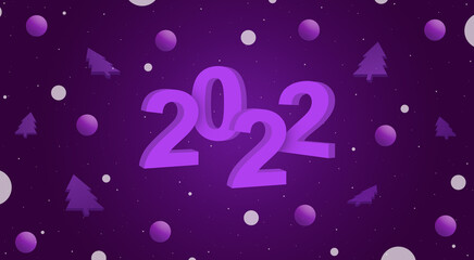 New year 2022 with balls and Christmas trees around 3d