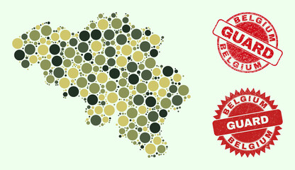 Vector circle items collage Belgium map in khaki colors, and unclean seals for guard and military services. Round red seals have phrase GUARD inside.