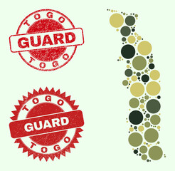Vector circle items collage Togo map in camouflage hues, and rubber stamp prints for guard and military services. Round red stamp seals have word GUARD inside.