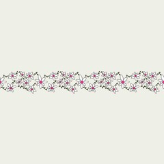 Seamless abstract floral pattern. Simple pink flowers and green leaves. Light grey background. Illustration. Designed for textile fabrics, wrapping paper, background, wallpaper, cover.