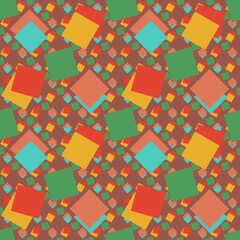 Seamless abstract geometry pattern. Blue, pink, green, yellow, red, brown colors. Illustration. Squares, rhombs, polygon. Designed for textile fabrics, wrapping paper, background, wallpaper, cover.