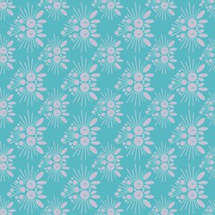 Blue geometric seamless pattern. Diagonal pink floral ornament for textile fabrics, wrapping paper, background, wallpaper, cover. Illustration. Ethnic style.