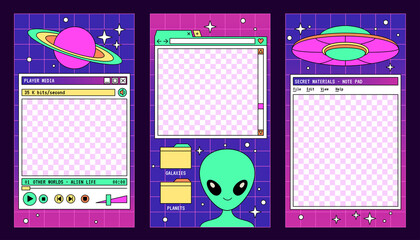 Linear vaporwave instagram stories templates. Social media set design. Abstract retro aesthetic groovy backgrounds pack 80s, 90s style. Alien, space ship, ufo set of vector objects and design elements