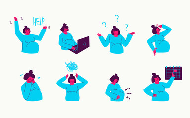 Fototapeta premium Set of illustrations of pregnant woman sad and annoyed. Problems associated with expecting a baby. Young mother asks for help, cries, is nervous. Vector cartoon drawings of purple, blue, pink purple.