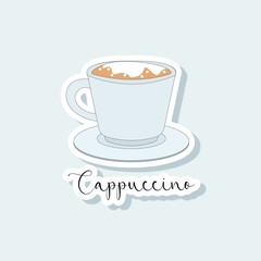 Collection of vector of coffee drinks stickers. Coffee types, variety of beverages. Vector coffee set of clipart design. Latte, americano, take away, espresso, mocha, cappuccino template