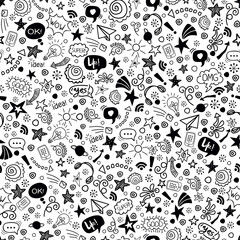 Pattern doodle teens speech in paper art style on black background. Seamless vector graphic modern illustration. Trendy illustration for decoration design.