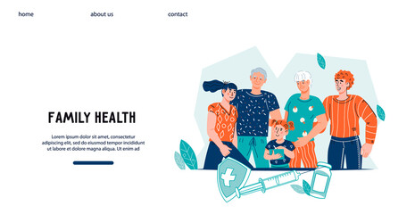Family medicine and health insurance website banner mockup. Family health care clinic or insurance company webpage interface, flat vector illustration.