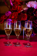 Rows of glasses with alcohol on the party.