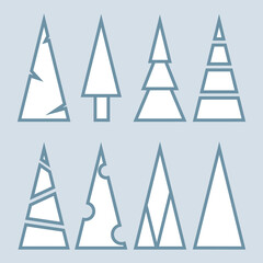 Abstract simple icons of snow Christmas trees on winter background. Christmas and New Year elements for postcards, printing, packaging, decoration. Set of vector illustrations