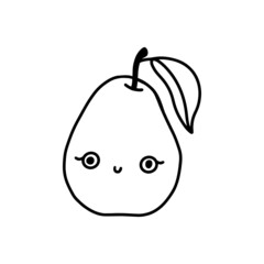 Cute kawaii line yellow pear smiling with eyes. Cute childish fruit character. Isolated flat fully editable illustration on white background.