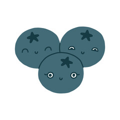 Cute kawaii blueberry with eyes and a smile. Blue berries, healthy food. Cartoon baby blueberry character image. Isolated flat fully editable vector illustration on white background.