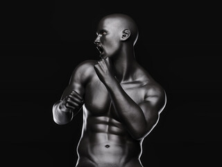Upper body of a muscular man in a fighting pose. Side view. Dark background. 3D illustration.