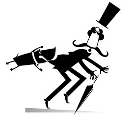Cartoon aggressive dog and frightened man isolated. Aggressive dog grabs the mustache man in the top hat and umbrella by the clothes black on white illustration