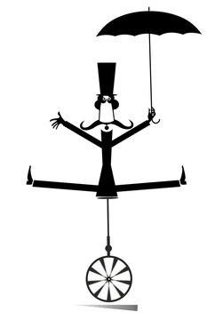 Equilibrist mustache man on the unicycle with an umbrella illustration. Funny long mustache man in the top hat balances on the unicycle and holds umbrella black on white illustration