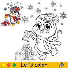 Coloring cute Christmas penguin with presents vector