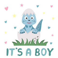 Newborn baby concept with cute funny little dinosaur boy in egg. It's a boy card in cartoon stile. Hello baby concept for decorating a nursery, textiles, milestone cards, baby shower invitation.