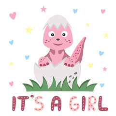 Newborn baby concept with cute funny little dinosaur girl in egg. It's a girl card in cartoon stile. Hello baby concept for decorating a nursery, textiles, milestone cards, baby shower invitation.