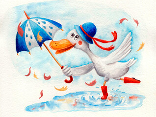 illustration watercolor autumn duck with umbrella