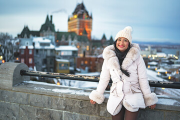 Naklejka premium beautiful woman over night in Quebec winter