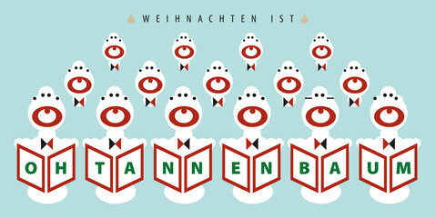 Weihnachten ist ... Oh Tannenbaum - eine grafische Wiehnachtskarte mit einem Chor singt Weihnachtslieder