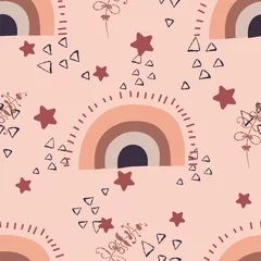 Sierkussen Kinderachtig boho naadloos patroon met regenbogen en sterren in natuurlijke kleuren. Beige achtergrond met abstracte organische vormen met vlakke stijl © Анжелика Полтавец