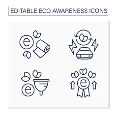 Eco awareness line icons set. Electric car. Ecological award. Toilet paper and menstrual cup. Ecology concept. Isolated vector illustrations. Editable stroke