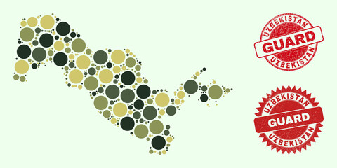 Vector circle items mosaic Uzbekistan map in camouflage hues, and dirty stamp imitations for guard and military services. Round red stamp seals contain phrase GUARD inside.
