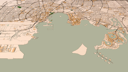 Satellite view Doha, Qatar. Map of the capital. Streets and state buildings. 3d rendering